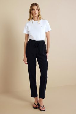 %100 Viskon Beli Lastikli Krep Pantolon - Siyah