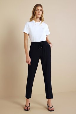%100 Viskon Beli Lastikli Krep Pantolon - Siyah (görsel 2)