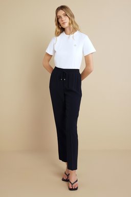 %100 Viskon Beli Lastikli Krep Pantolon - Siyah (görsel 3)