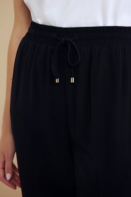 %100 Viskon Beli Lastikli Krep Pantolon - Siyah (görsel 5)