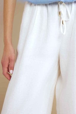 %100 Keten Beli Lastikli Pantolon - Ekru (görsel 5)