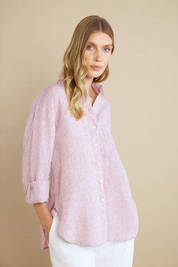 %100 Keten Logo Nakışlı Gömlek - Pembe Melanj (görsel 8)