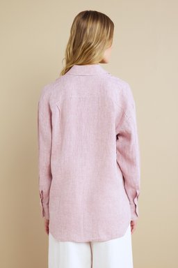 %100 Keten Logo Nakışlı Gömlek - Pembe Melanj (görsel 9)