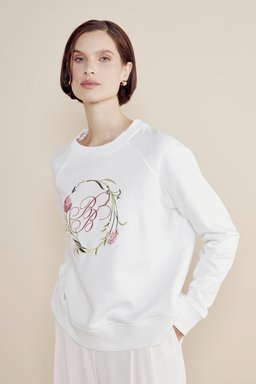 %100 Pamuk Çiçek Nakış Detaylı Sweatshirt - Kırık Beyaz (görsel 2)