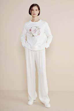 %100 Pamuk Çiçek Nakış Detaylı Sweatshirt - Kırık Beyaz (görsel 3)