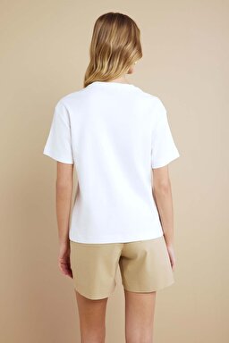 %100 Pamuk Bisiklet Yaka Oversize Tişört - Kırık Beyaz (görsel 6)