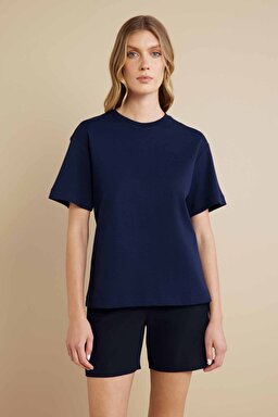 %100 Pamuk Bisiklet Yaka Oversize Tişört - Lacivert (görsel 3)
