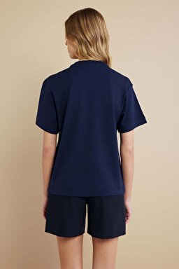 %100 Pamuk Bisiklet Yaka Oversize Tişört - Lacivert (görsel 6)