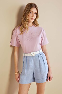 Pamuk Karışımlı Bisiklet Yaka Kısa Kol Havyar Baskılı T-shirt - Pembe