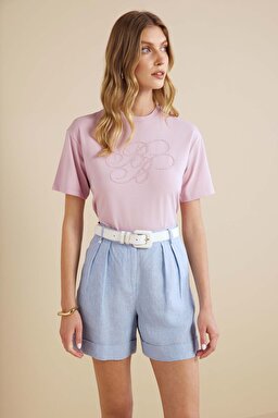 Pamuk Karışımlı Bisiklet Yaka Kısa Kol Havyar Baskılı T-shirt - Pembe (görsel 2)