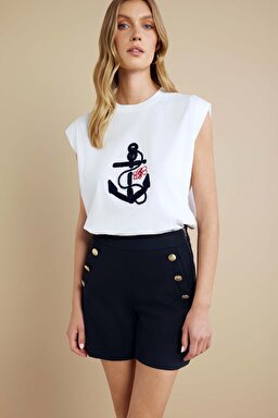 %100 Pamuk Bisiklet Yaka Çapa Nakışlı T-shirt - Kırık Beyaz