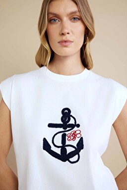 %100 Pamuk Bisiklet Yaka Çapa Nakışlı T-shirt - Kırık Beyaz (görsel 4)