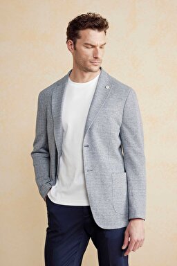 Keten & Pamuk Karışımlı Mono Yaka Torba Cep Regular Fit Balıksırtı Örme Ceket - Lacivert