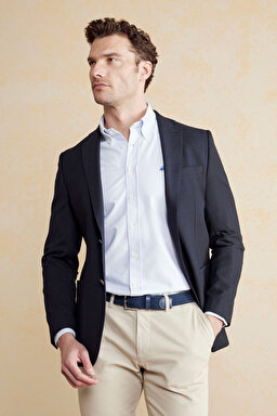 Yün & Pamuk Karışımlı Mono Yaka Torba Cep Slim Fit Ceket - Lacivert