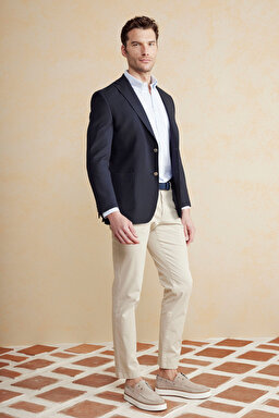 Yün & Pamuk Karışımlı Mono Yaka Torba Cep Slim Fit Ceket - Lacivert (görsel 4)