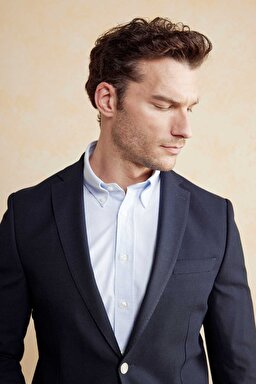 Yün & Pamuk Karışımlı Mono Yaka Torba Cep Slim Fit Ceket - Lacivert (görsel 5)