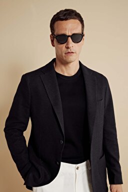  Pamuk&Keten Karışımlı Mono Yaka Regular Fit Torba Cep Örme Ceket - Siyah
