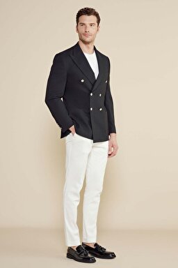 Yün Karışımlı Sivri Yaka Torba Cep Slim Fit Kruvaze Ceket - Siyah (görsel 2)