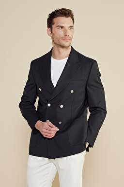 Yün Karışımlı Sivri Yaka Torba Cep Slim Fit Kruvaze Ceket - Siyah (görsel 3)