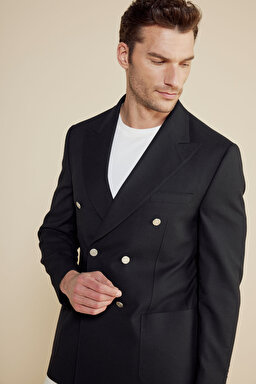 Yün Karışımlı Sivri Yaka Torba Cep Slim Fit Kruvaze Ceket - Siyah (görsel 4)