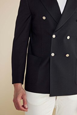 Yün Karışımlı Sivri Yaka Torba Cep Slim Fit Kruvaze Ceket - Siyah (görsel 5)