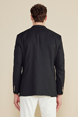 Yün Karışımlı Sivri Yaka Torba Cep Slim Fit Kruvaze Ceket - Siyah (görsel 6)