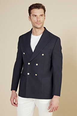Yün Karışımlı Sivri Yaka Torba Cep Slim Fit Kruvaze Ceket - Lacivert