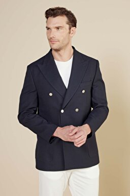Yün Karışımlı Sivri Yaka Torba Cep Slim Fit Kruvaze Ceket - Lacivert (görsel 2)