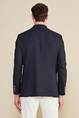 Yün Karışımlı Sivri Yaka Torba Cep Slim Fit Kruvaze Ceket - Lacivert (görsel 5)