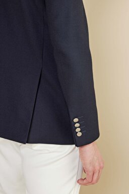 Yün Karışımlı Sivri Yaka Torba Cep Slim Fit Kruvaze Ceket - Lacivert (görsel 6)