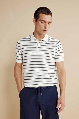 Polo Yaka Çizgili Kısa Kol Rayon Kazak - Kırık Beyaz-Lacivert (görsel 3)