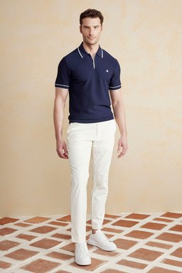 Polo Yaka Fermuar Detaylı Petek Örgü Rayon Kazak - Lacivert-Kırık Beyaz (görsel 3)