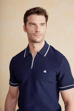 Polo Yaka Fermuar Detaylı Petek Örgü Rayon Kazak - Lacivert-Kırık Beyaz (görsel 4)