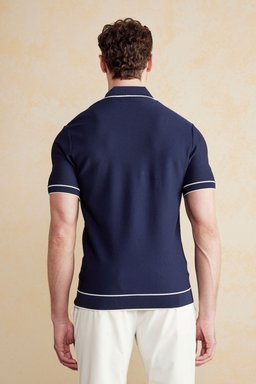 Polo Yaka Fermuar Detaylı Petek Örgü Rayon Kazak - Lacivert-Kırık Beyaz (görsel 5)