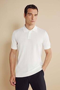 Polo Yaka Düğmeli Basic Rayon Kısa Kol Kazak - Kırık Beyaz