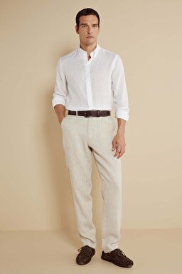 %100 Keten Klasik Pantolon - Bej