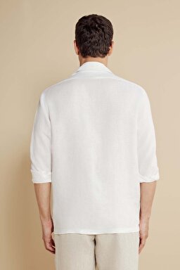 %100 Keten Apaş Yaka Regular Fit Gömlek - Beyaz (görsel 6)