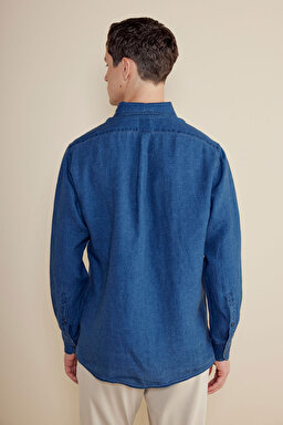 %100 Keten Düğmeli Yaka Regular Fit Gömlek - Indigo (görsel 5)