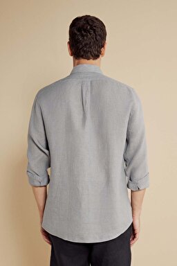 %100 Keten Düğmeli Yaka Regular Fit  Uzun Kollu Gömlek - Gri (görsel 6)