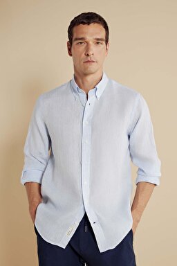 %100 Keten Düğmeli Yaka Regular Fit Logosuz Gömlek - Açık Mavi