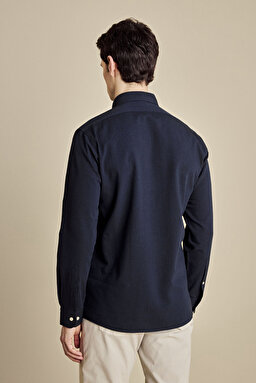 Düğmeli Yaka Slim Fit Gofre Gömlek - Lacivert (görsel 5)