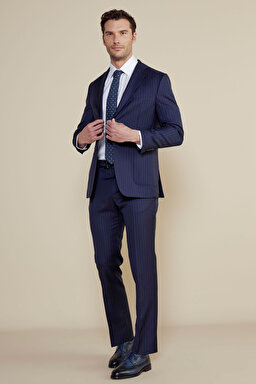 %100 Yün Mono Yaka Slim Fit Torba Cep Çizgili Takım Elbise - Lacivert Çizgili (görsel 2)