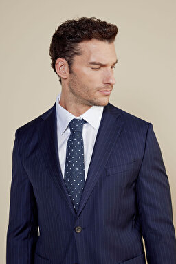 %100 Yün Mono Yaka Slim Fit Torba Cep Çizgili Takım Elbise - Lacivert Çizgili (görsel 4)