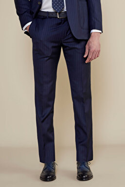 %100 Yün Mono Yaka Slim Fit Torba Cep Çizgili Takım Elbise - Lacivert Çizgili (görsel 5)