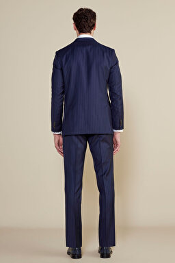 %100 Yün Mono Yaka Slim Fit Torba Cep Çizgili Takım Elbise - Lacivert Çizgili (görsel 6)