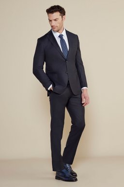 %100 Yün Mono Yaka Slim Fit Torba Cep Takım Elbise - Lacivert (görsel 2)