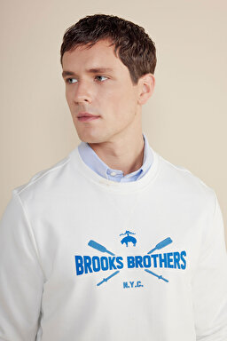 %100 Pamuk Kürekli Logo New York Yazılı Sweatshirt - Kırık Beyaz (görsel 4)