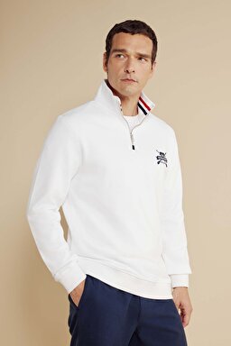 %100 Pamuk Bato Yaka Nakışlı Sweatshirt - Kırık Beyaz