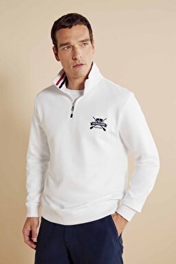 %100 Pamuk Bato Yaka Nakışlı Sweatshirt - Kırık Beyaz (görsel 4)