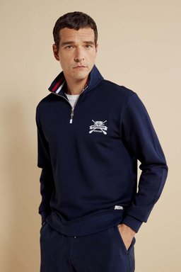 %100 Pamuk Bato Yaka Nakışlı Sweatshirt - Lacivert